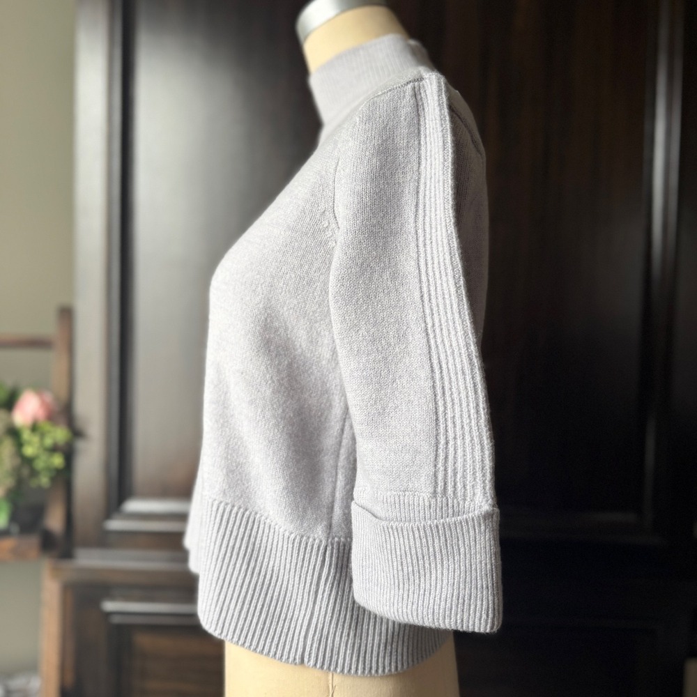 Sweater Fine Merino Wool Mock Neck‎ Elbow Sleeve Cropped Ribbed Grey M Knit Top